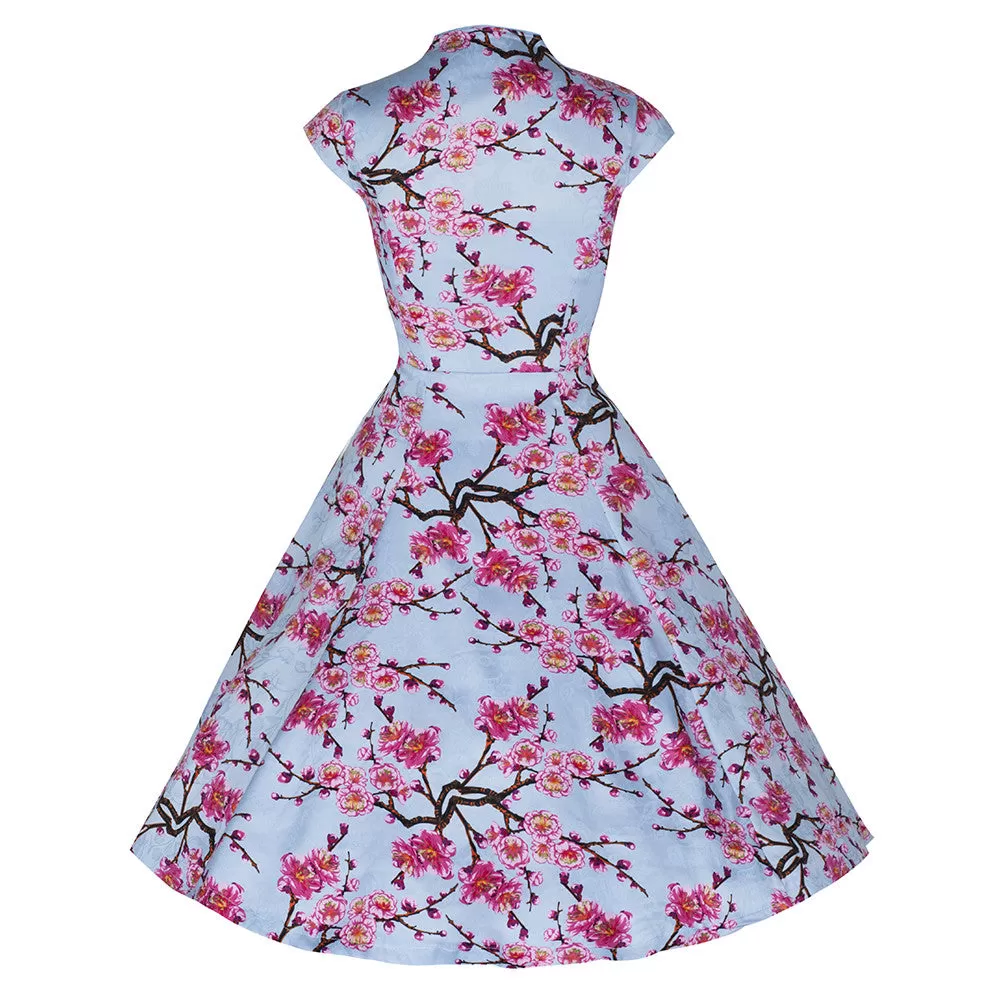 Sky Blue and Pink Floral Print 50s Swing Dress