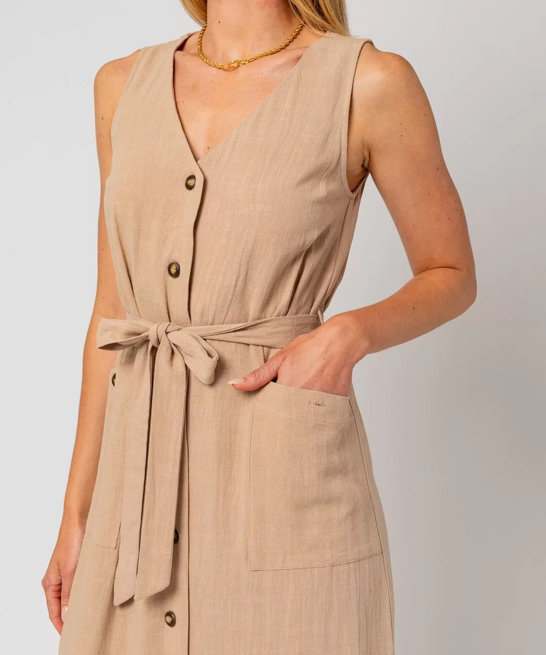 Sleeveless Button Down Dress - Khaki