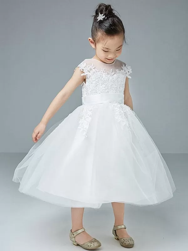 Sleeveless White Lace Tulle Flower Girl Dresses Knee Length Princess Silhouette Embroidered Kids Dresses