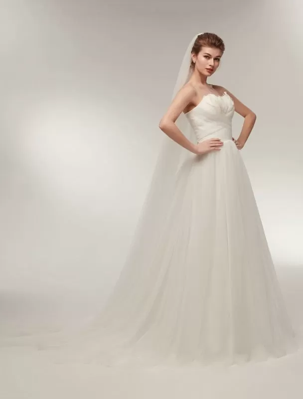 Strapless Wedding Dresses Ivory Sweetheart Neckline Bridal Gown Feathers Tulle Wedding Gown With Train