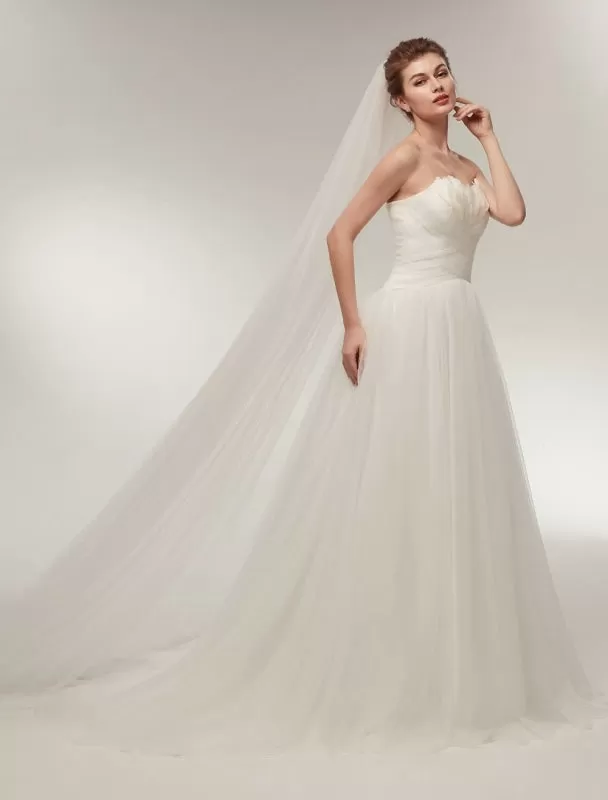 Strapless Wedding Dresses Ivory Sweetheart Neckline Bridal Gown Feathers Tulle Wedding Gown With Train