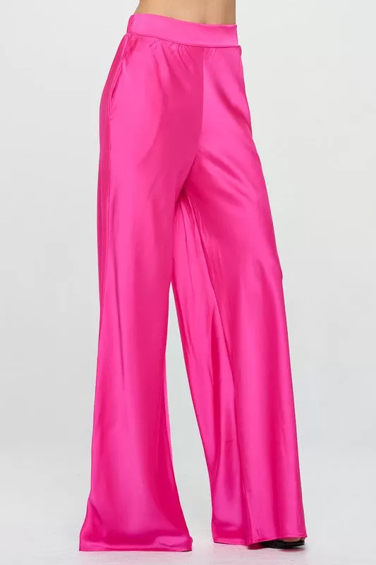 Stretch Satin Pants with Elastic Waist and Pockets