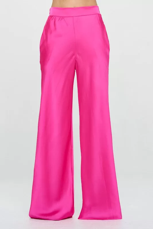 Stretch Satin Pants with Elastic Waist and Pockets