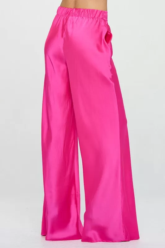 Stretch Satin Pants with Elastic Waist and Pockets