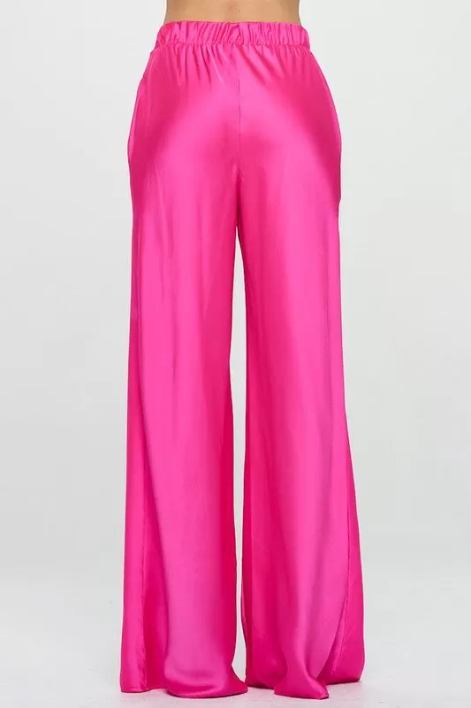 Stretch Satin Pants with Elastic Waist and Pockets