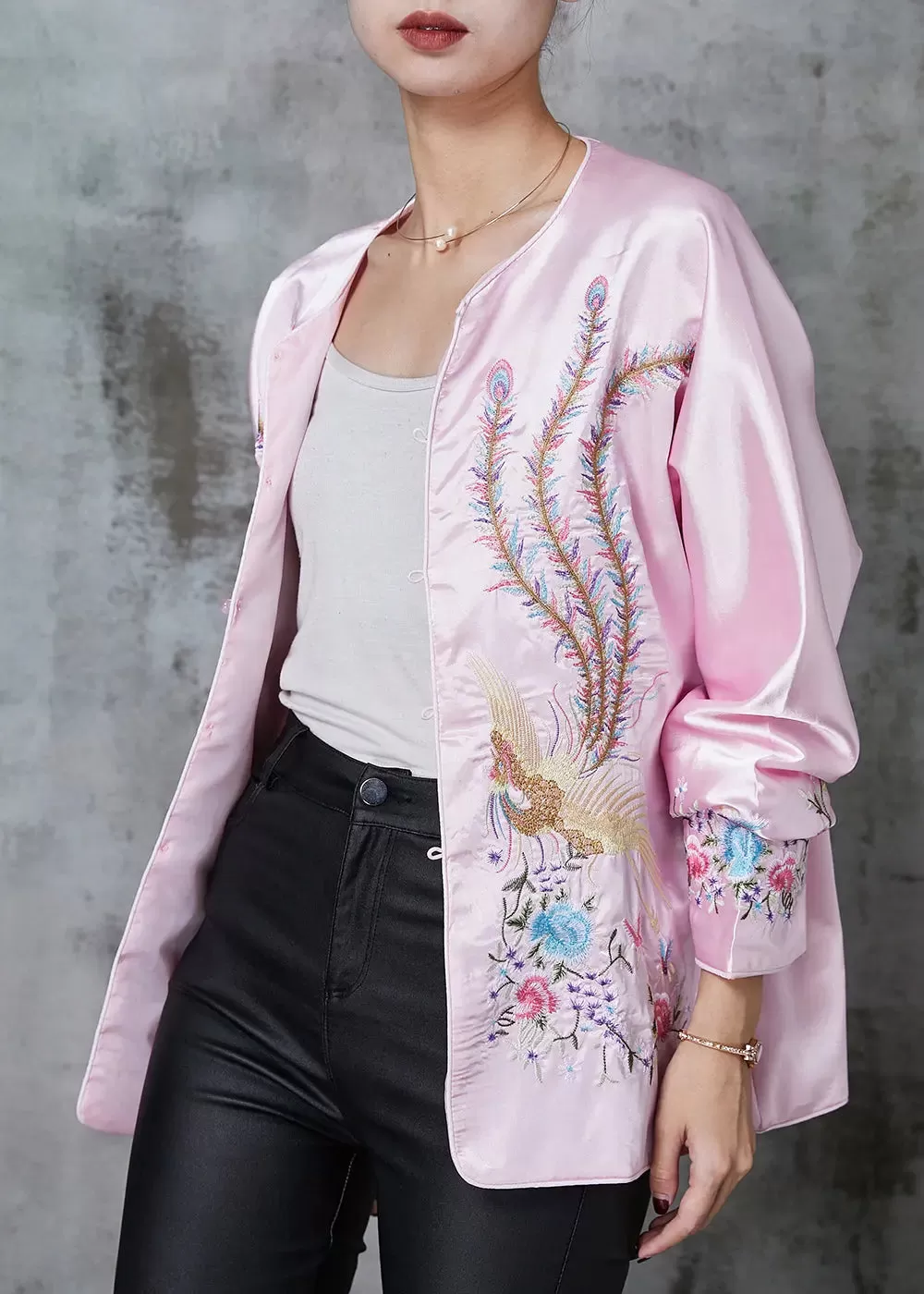 Stylish Pink Embroidered Pockets Silk Jacket Spring JK1039