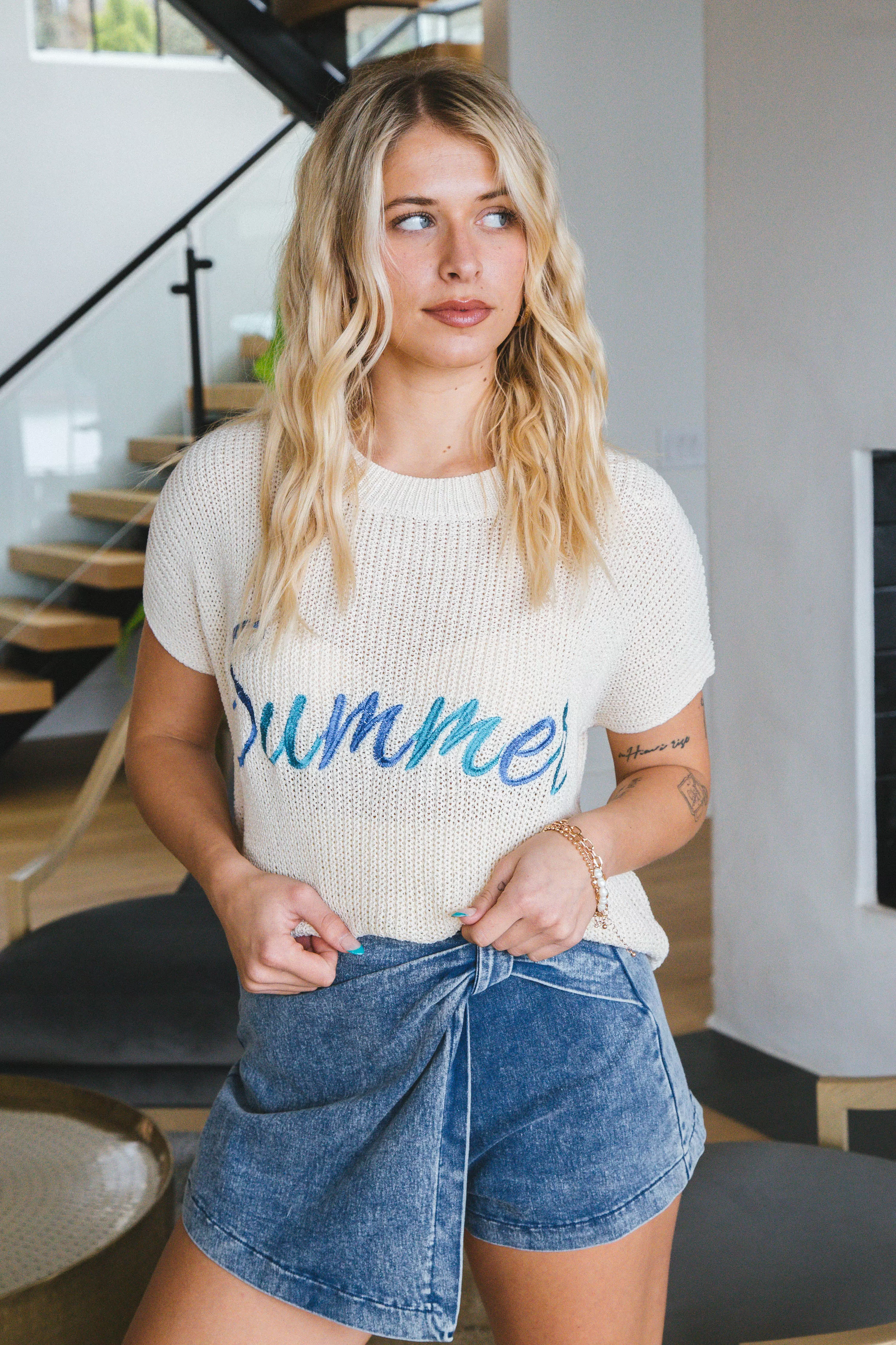 Summer Lettering Sweater Top, Ecru