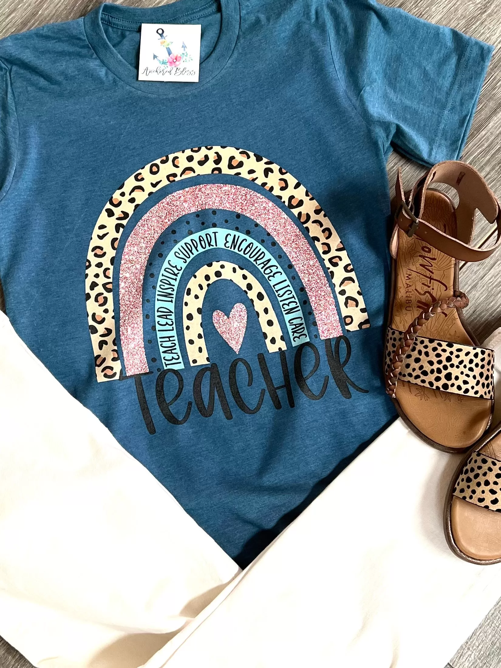 Teacher Leopard   Rainbow Graphic Tee