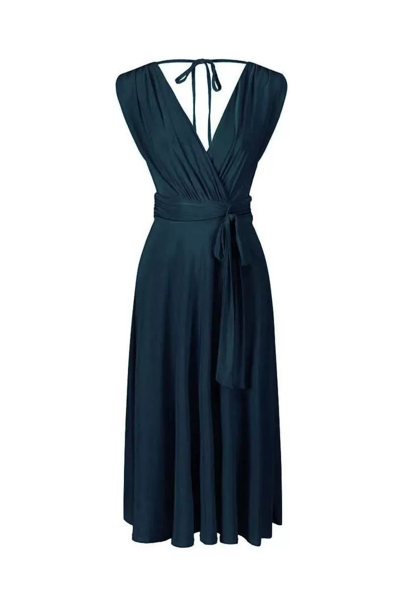 Teal Blue Crossover Top V Neck Tie Waist Cocktail Dress