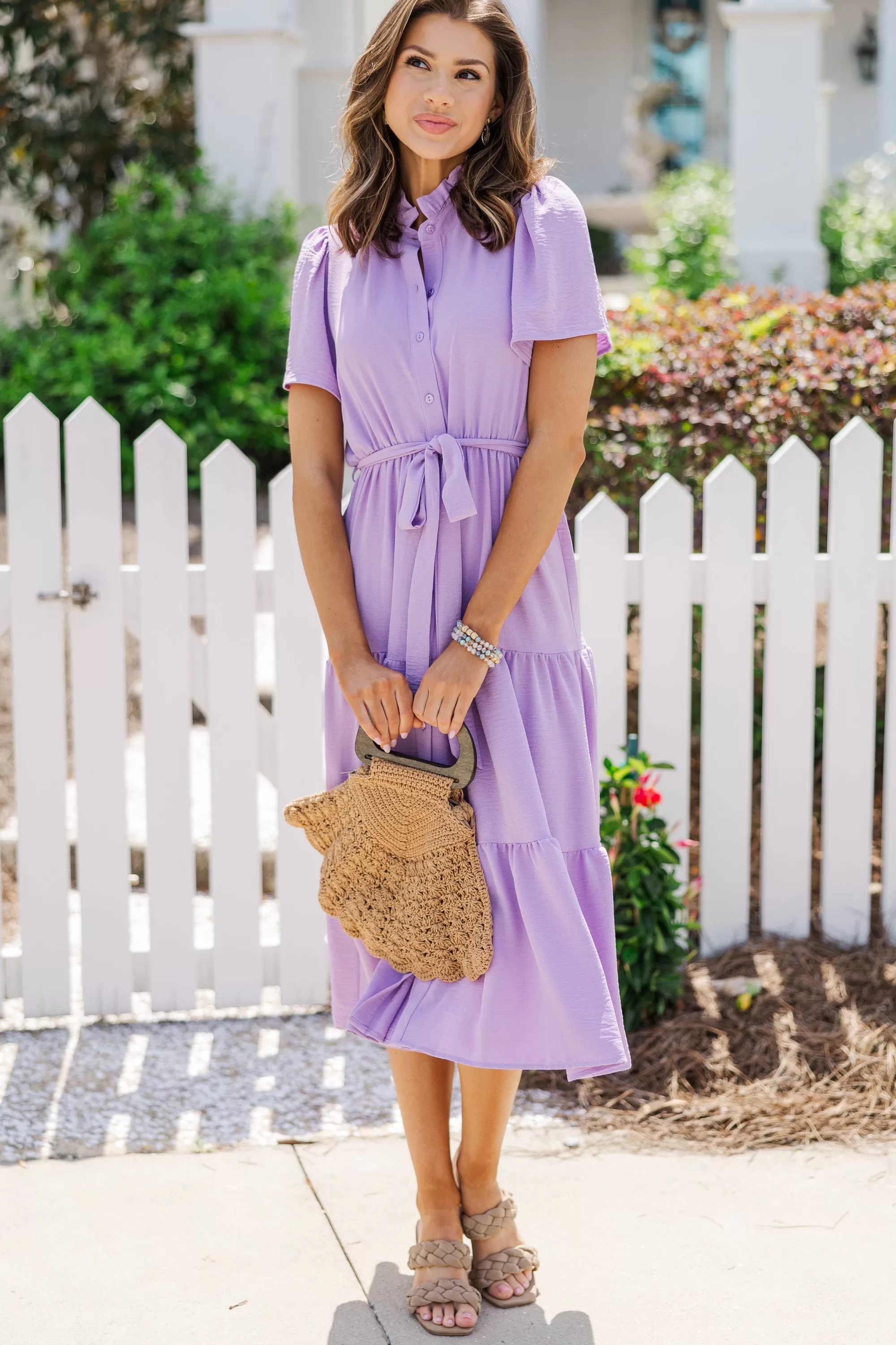 Tell It All Lavender Purple Button Down Midi Dress