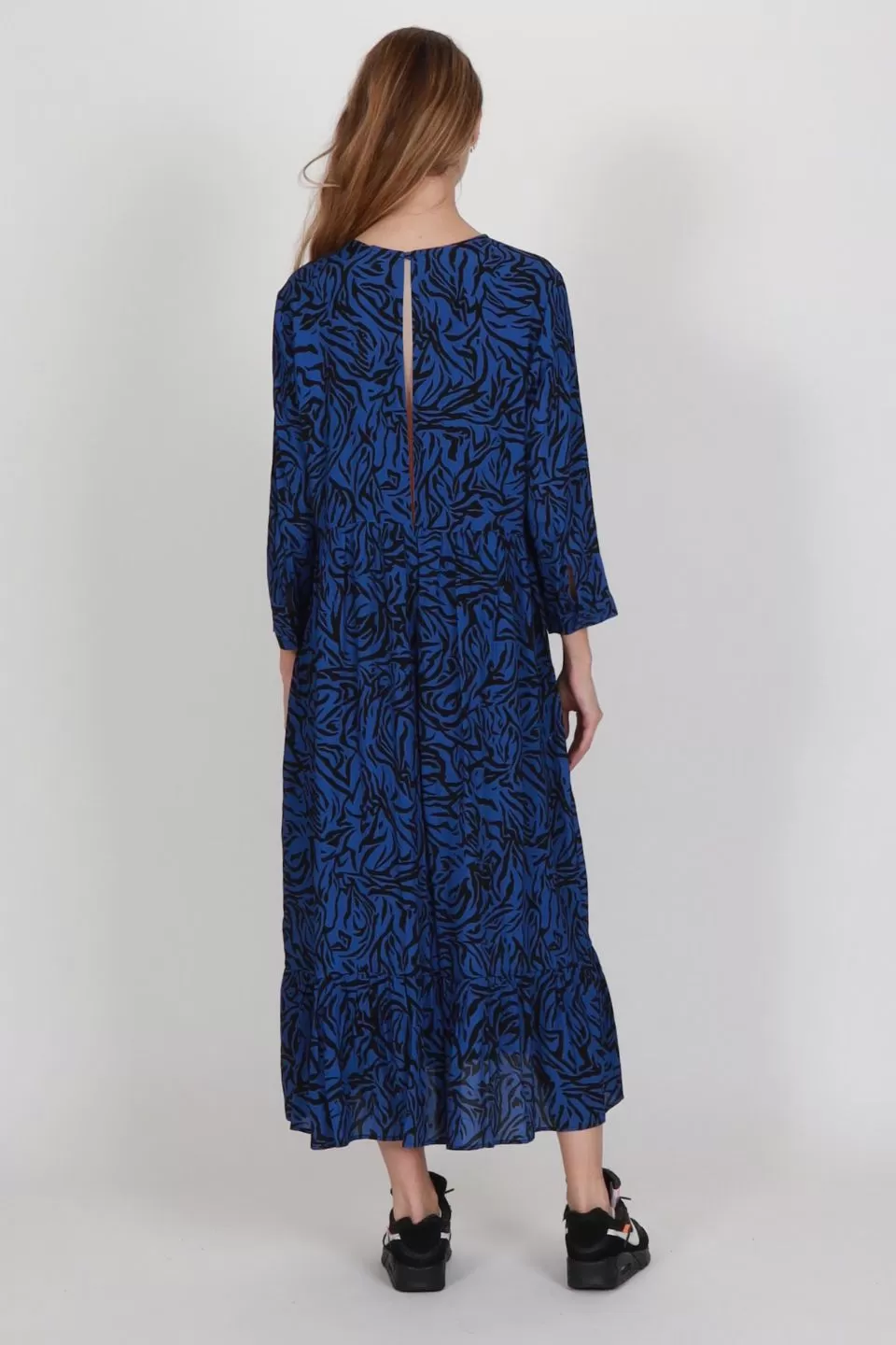 Tier Me Blue Animal LS Maxi Tiered Dress