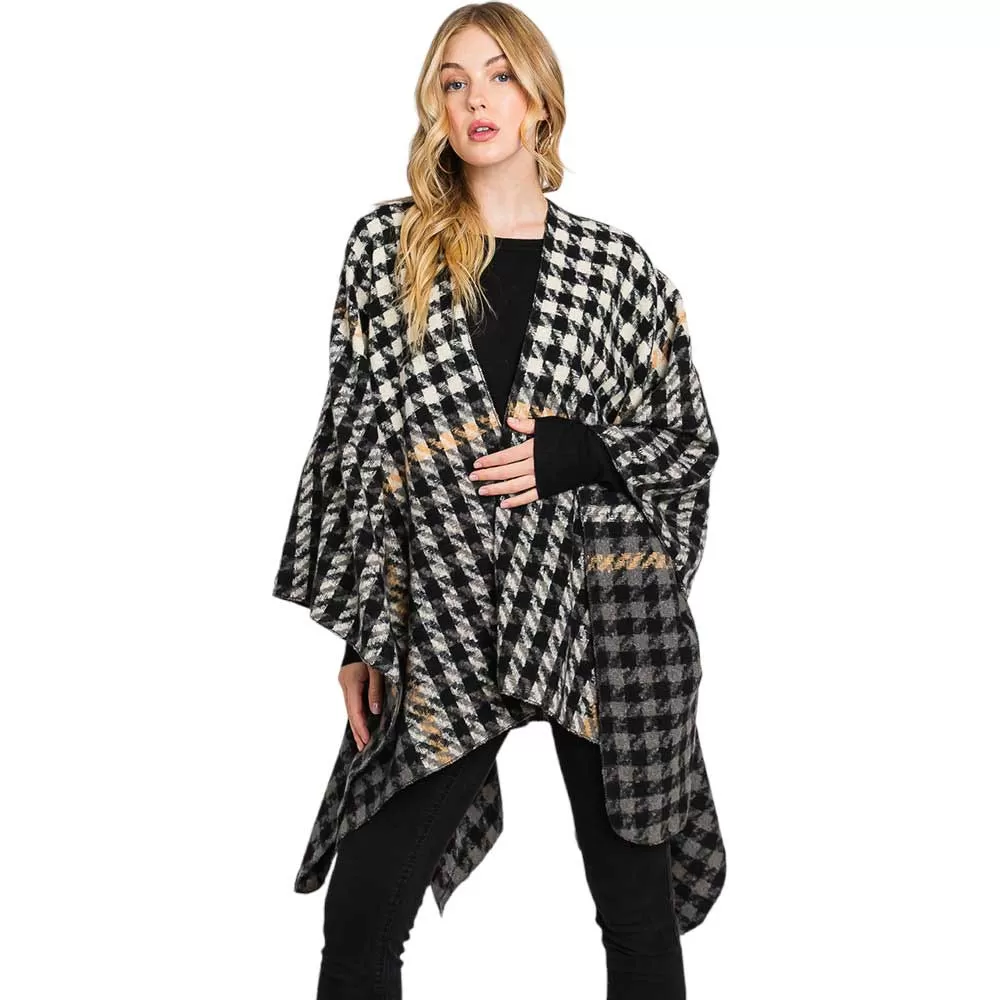 Trendy Houndstooth Patterned Ruana Poncho