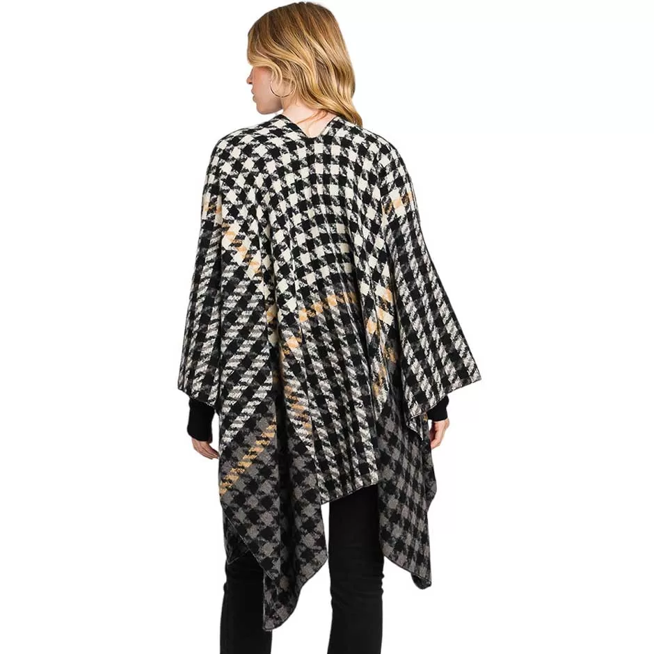 Trendy Houndstooth Patterned Ruana Poncho