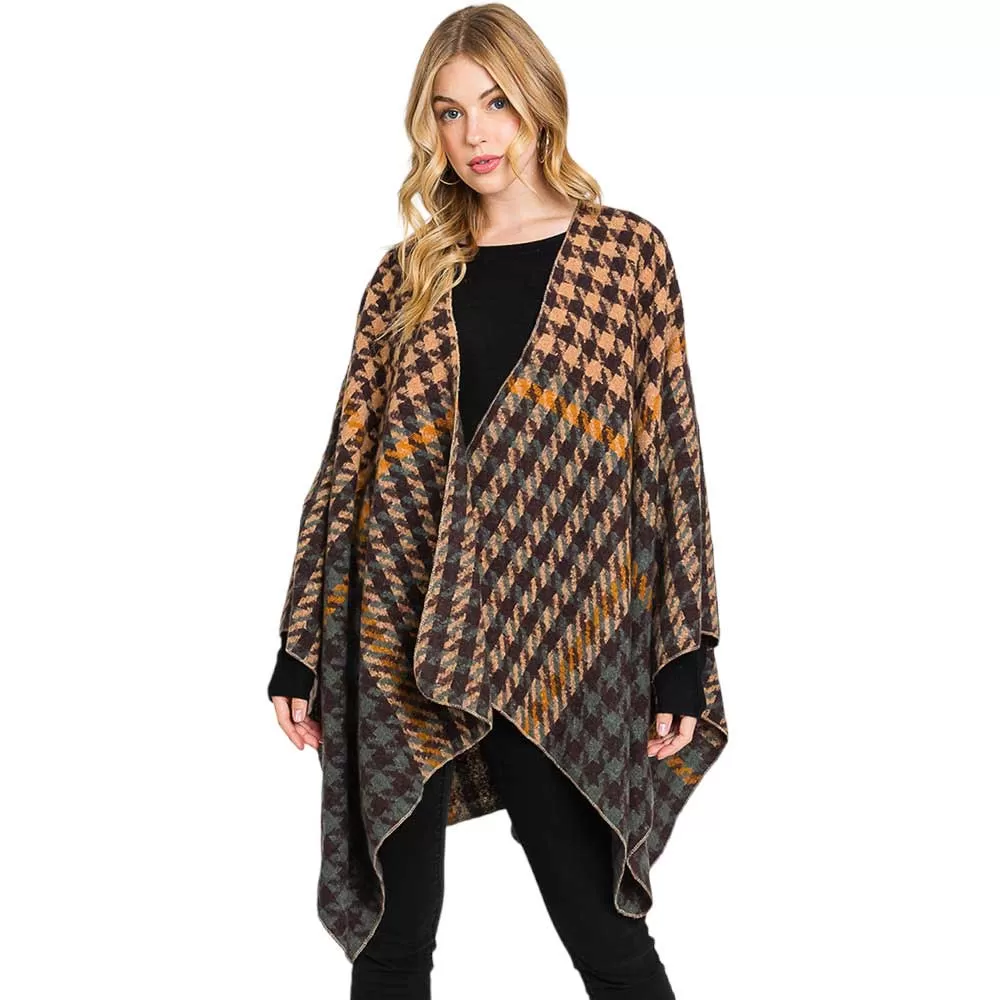 Trendy Houndstooth Patterned Ruana Poncho