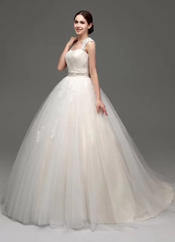 Tulle Cap Sleeves Keyhole Back Princess Wedding Dress With Bow And Rhinestone Sash