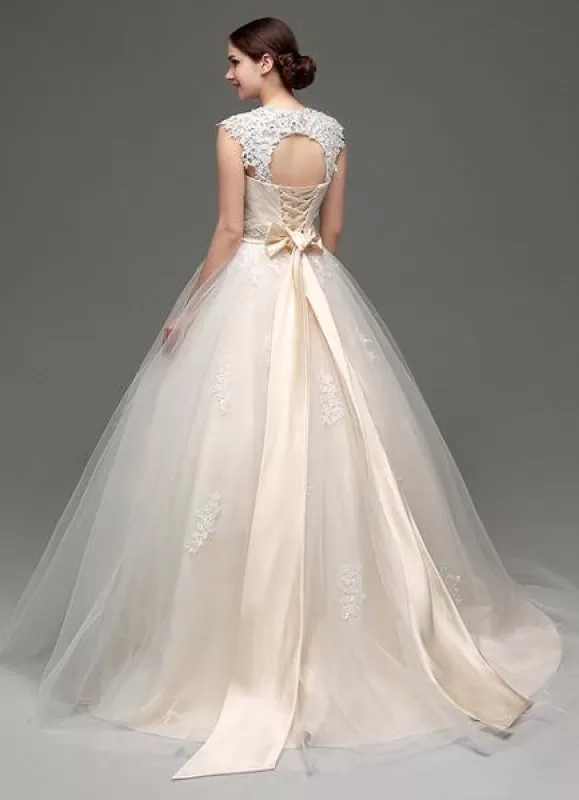 Tulle Cap Sleeves Keyhole Back Princess Wedding Dress With Bow And Rhinestone Sash