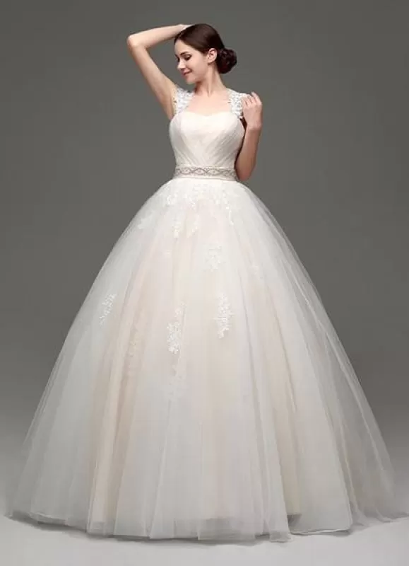 Tulle Cap Sleeves Keyhole Back Princess Wedding Dress With Bow And Rhinestone Sash