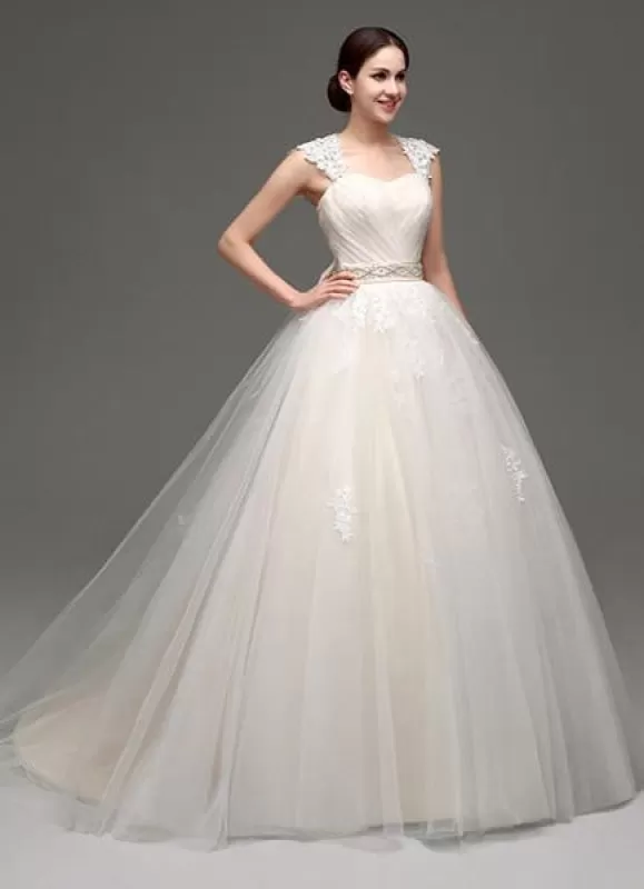 Tulle Cap Sleeves Keyhole Back Princess Wedding Dress With Bow And Rhinestone Sash