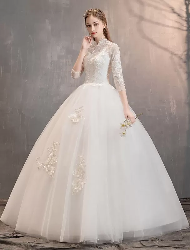 Tulle Wedding Dresses Ivory Illusion Neckline Half Sleeve Floor Length Princess Bridal Dress