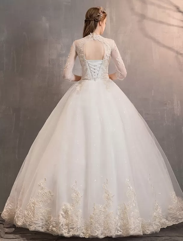 Tulle Wedding Dresses Princess Bridal Gown Illusion Collar Half Sleeve Floor Length Bridal Dress