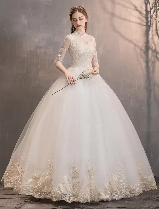 Tulle Wedding Dresses Princess Bridal Gown Illusion Collar Half Sleeve Floor Length Bridal Dress