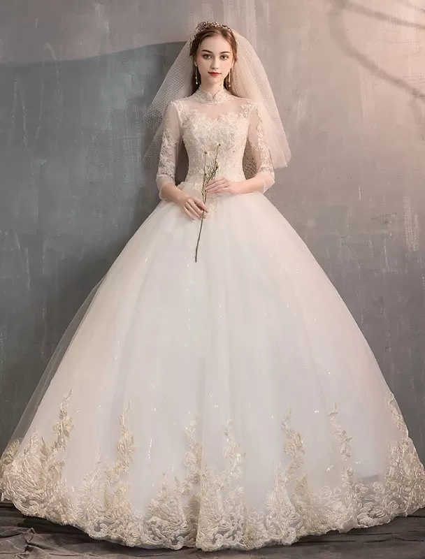 Tulle Wedding Dresses Princess Bridal Gown Illusion Collar Half Sleeve Floor Length Bridal Dress