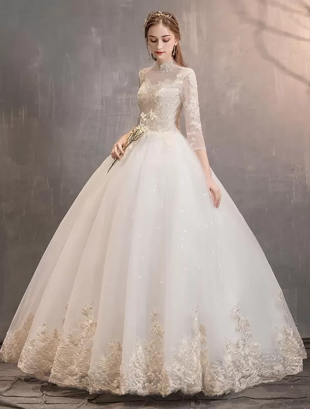 Tulle Wedding Dresses Princess Bridal Gown Illusion Collar Half Sleeve Floor Length Bridal Dress