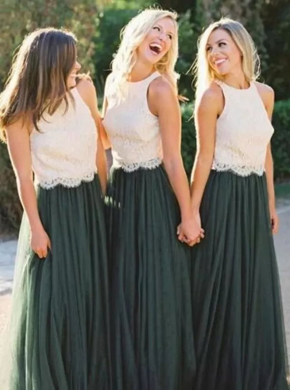 Two Piece Round Neck Dark Green Tulle Bridesmaid Dress