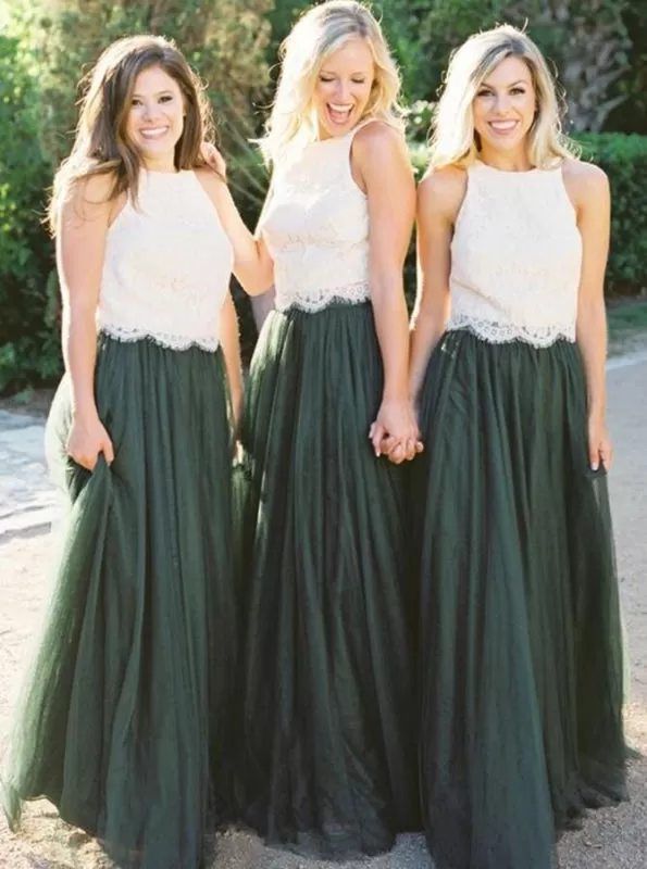 Two Piece Round Neck Dark Green Tulle Bridesmaid Dress