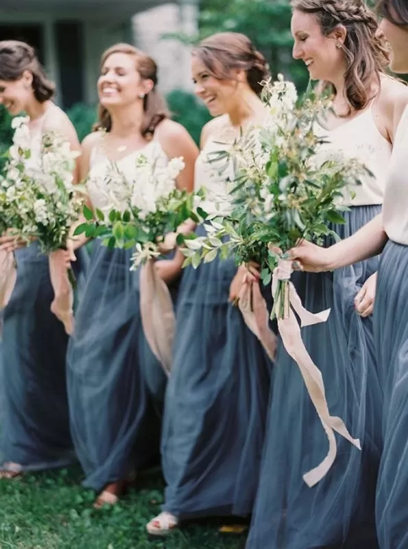 Two Piece Scoop Sweep Train Light Blue Tulle Bridesmaid Dress