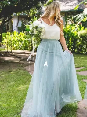 Two Piece Scoop Sweep Train Light Blue Tulle Bridesmaid Dress