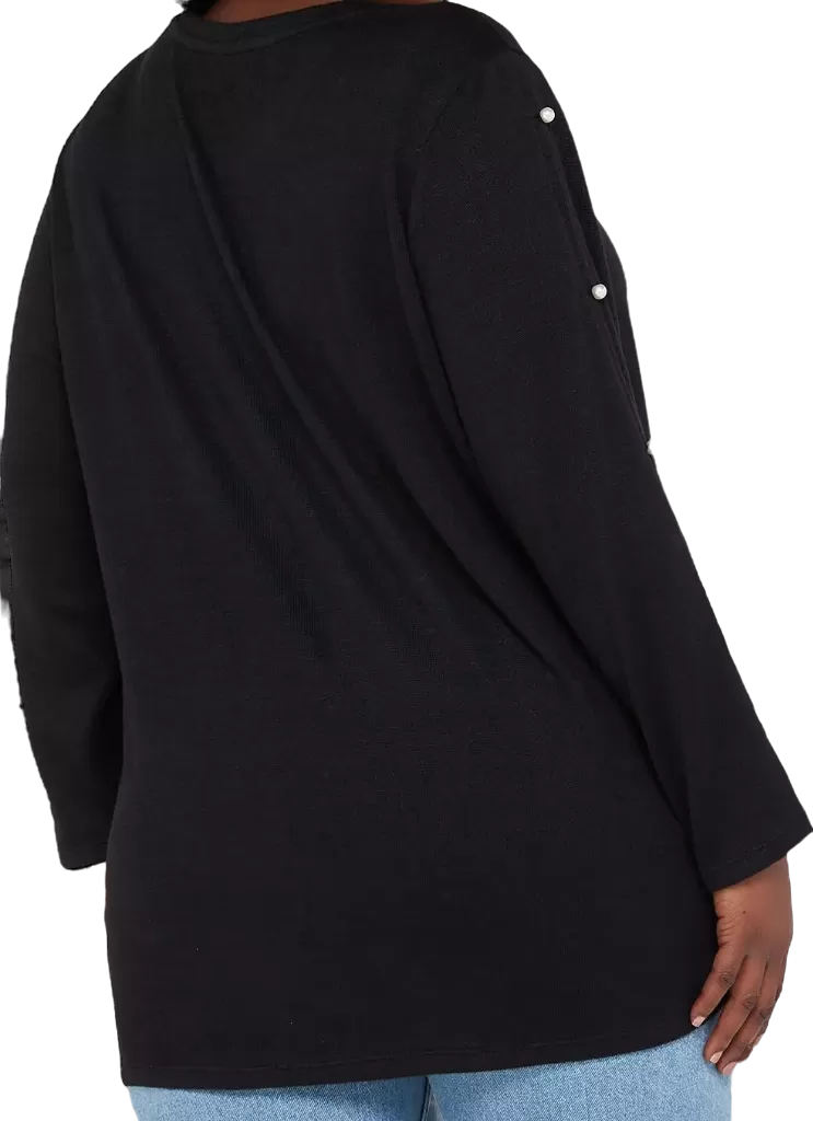 V by Very Curve Crew Neck Pearl embellished Sleeve Detail Top - Black UK 18