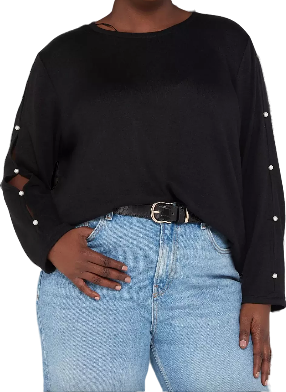 V by Very Curve Crew Neck Pearl embellished Sleeve Detail Top - Black UK 18