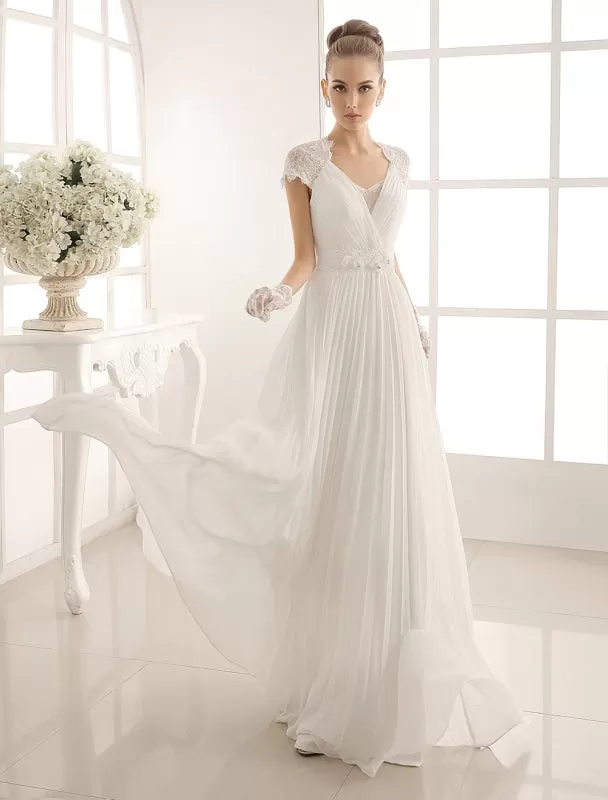 V-Neck Wedding Dress With Lace In Floor Length Exclusive