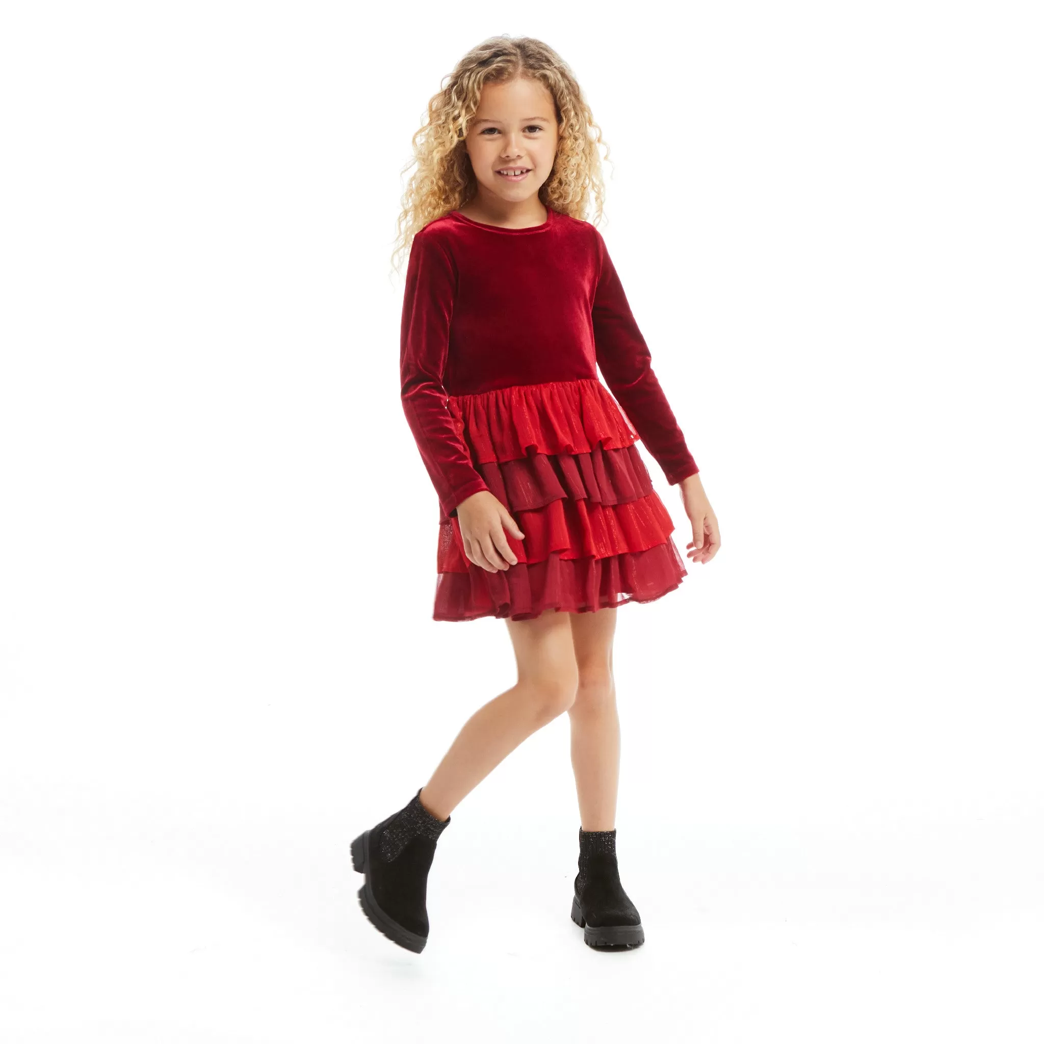 Velvet Tiered Dress  | Red