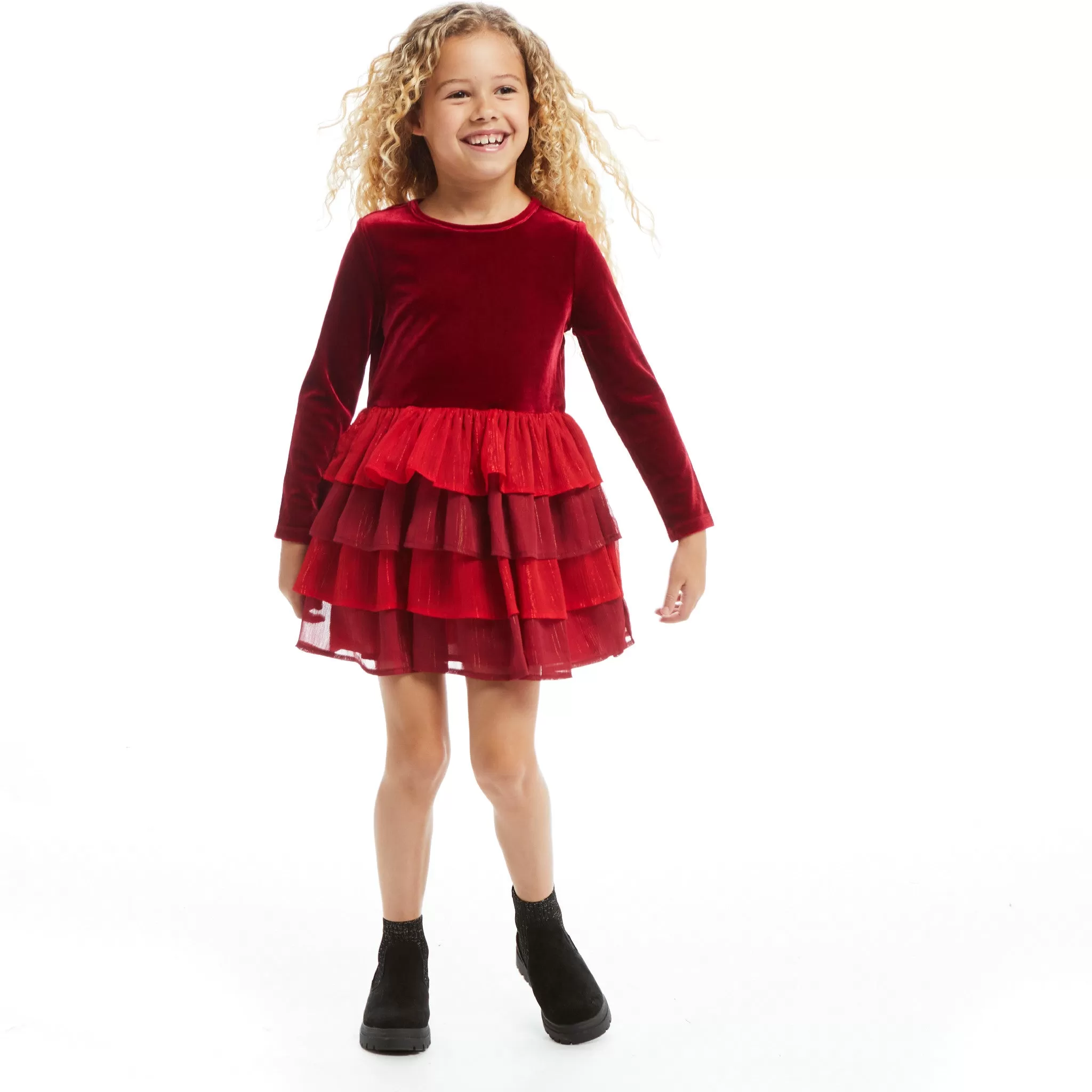 Velvet Tiered Dress  | Red