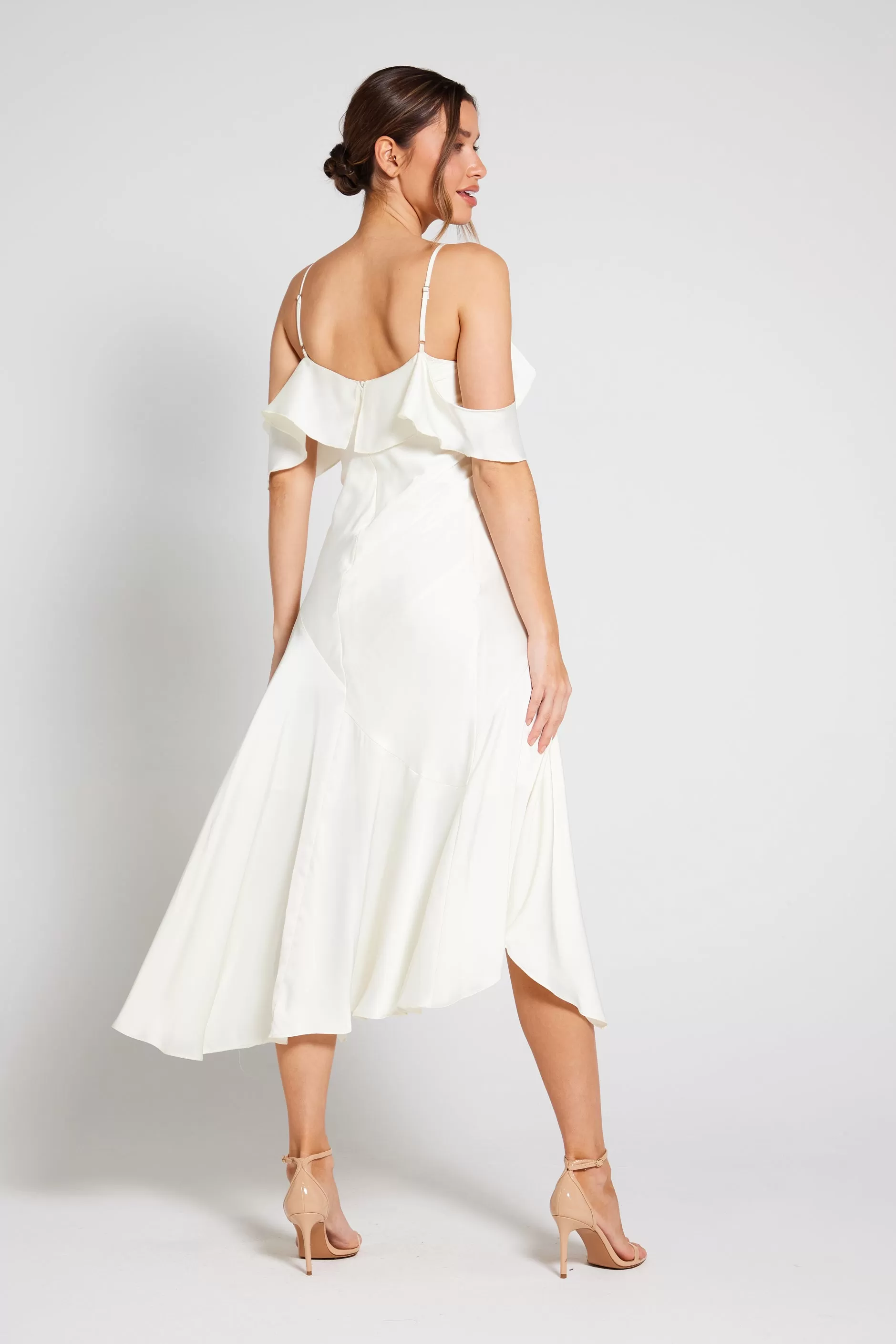 Vienna Frill Cold Shoulder Satin Midi Dress - Ivory