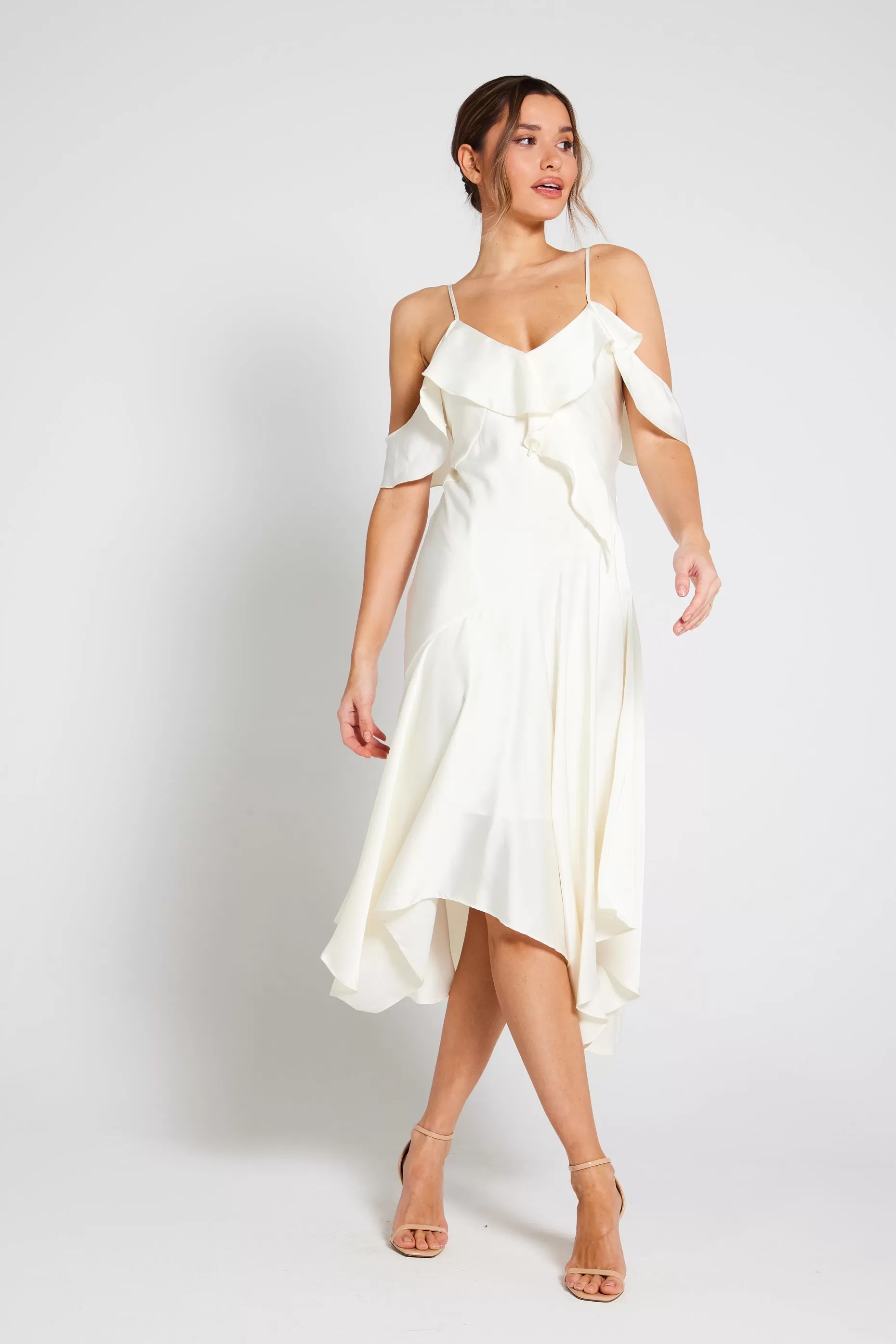 Vienna Frill Cold Shoulder Satin Midi Dress - Ivory