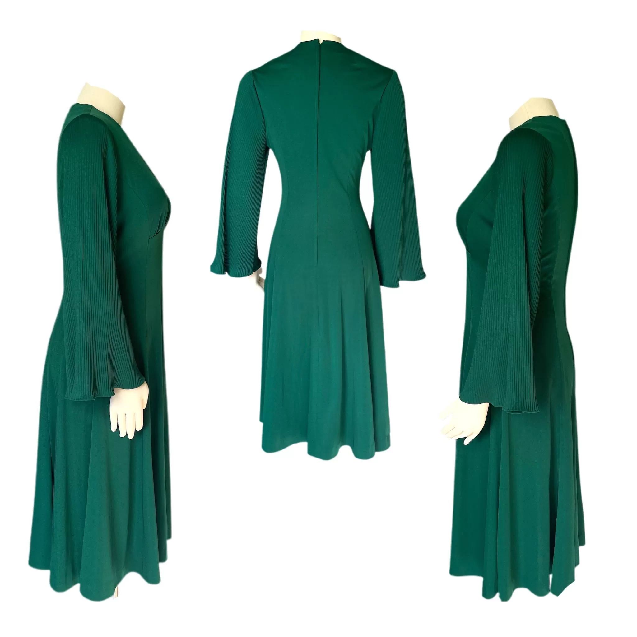 Vintage Emerald Green by Edith Flagg with Flouted Sleeves in Mini Pleats. 1970s Fashion.