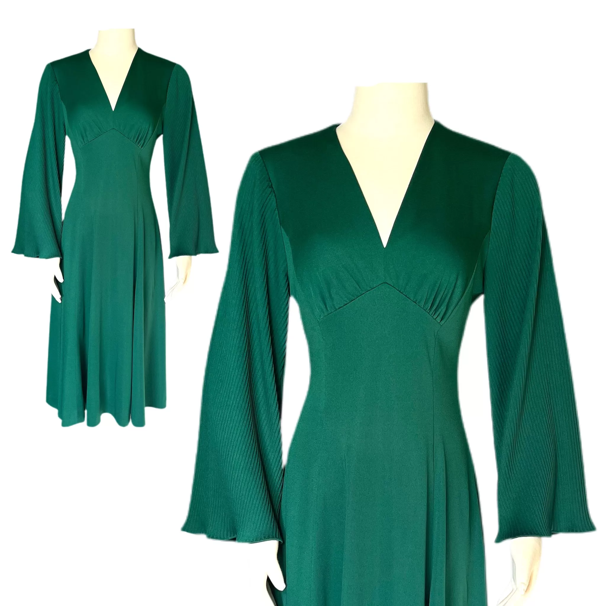 Vintage Emerald Green by Edith Flagg with Flouted Sleeves in Mini Pleats. 1970s Fashion.