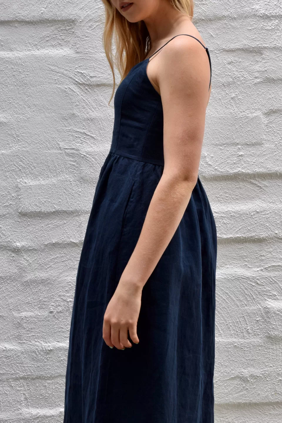 Visionary Navy Strappy Button Front Linen Midi Dress