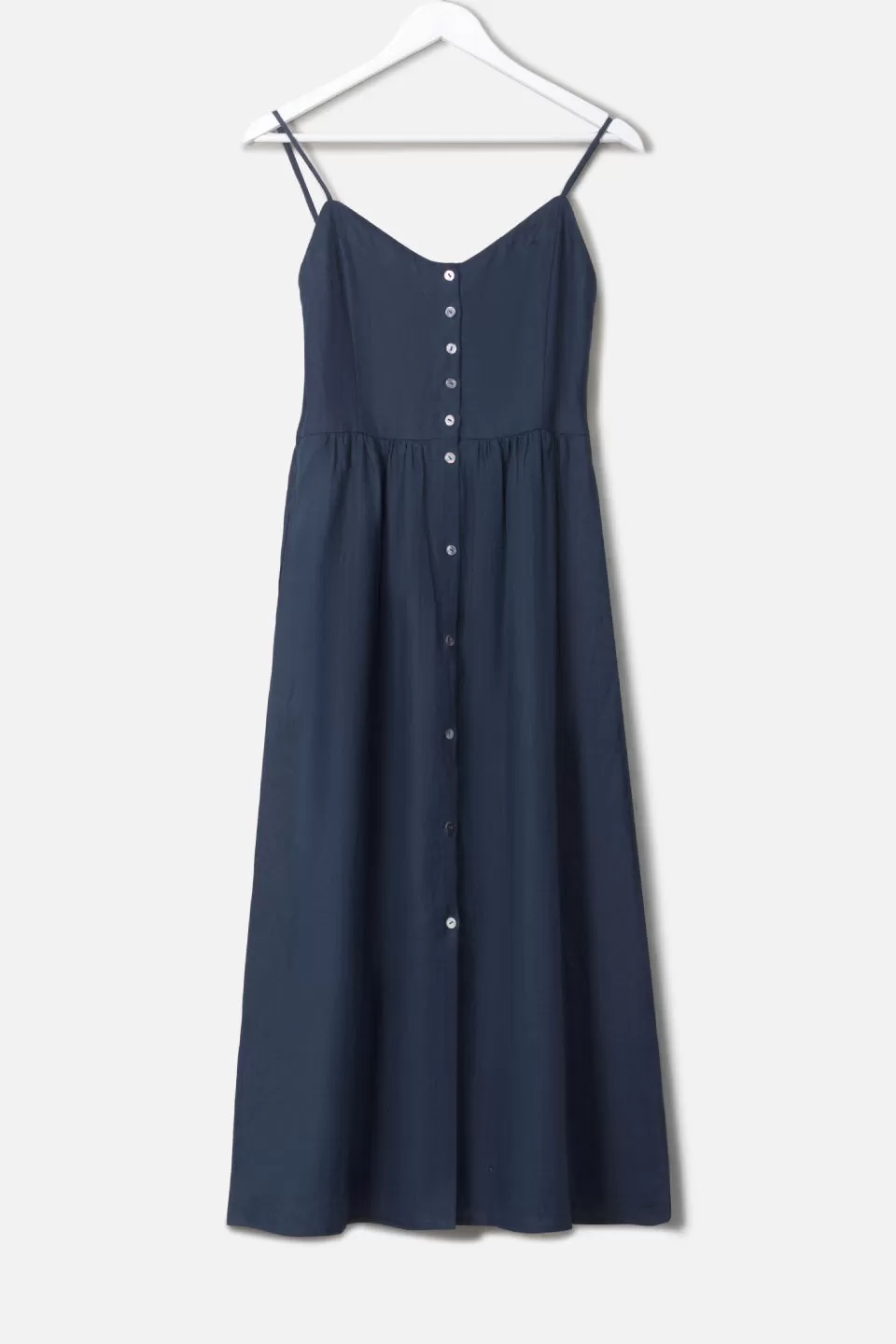 Visionary Navy Strappy Button Front Linen Midi Dress