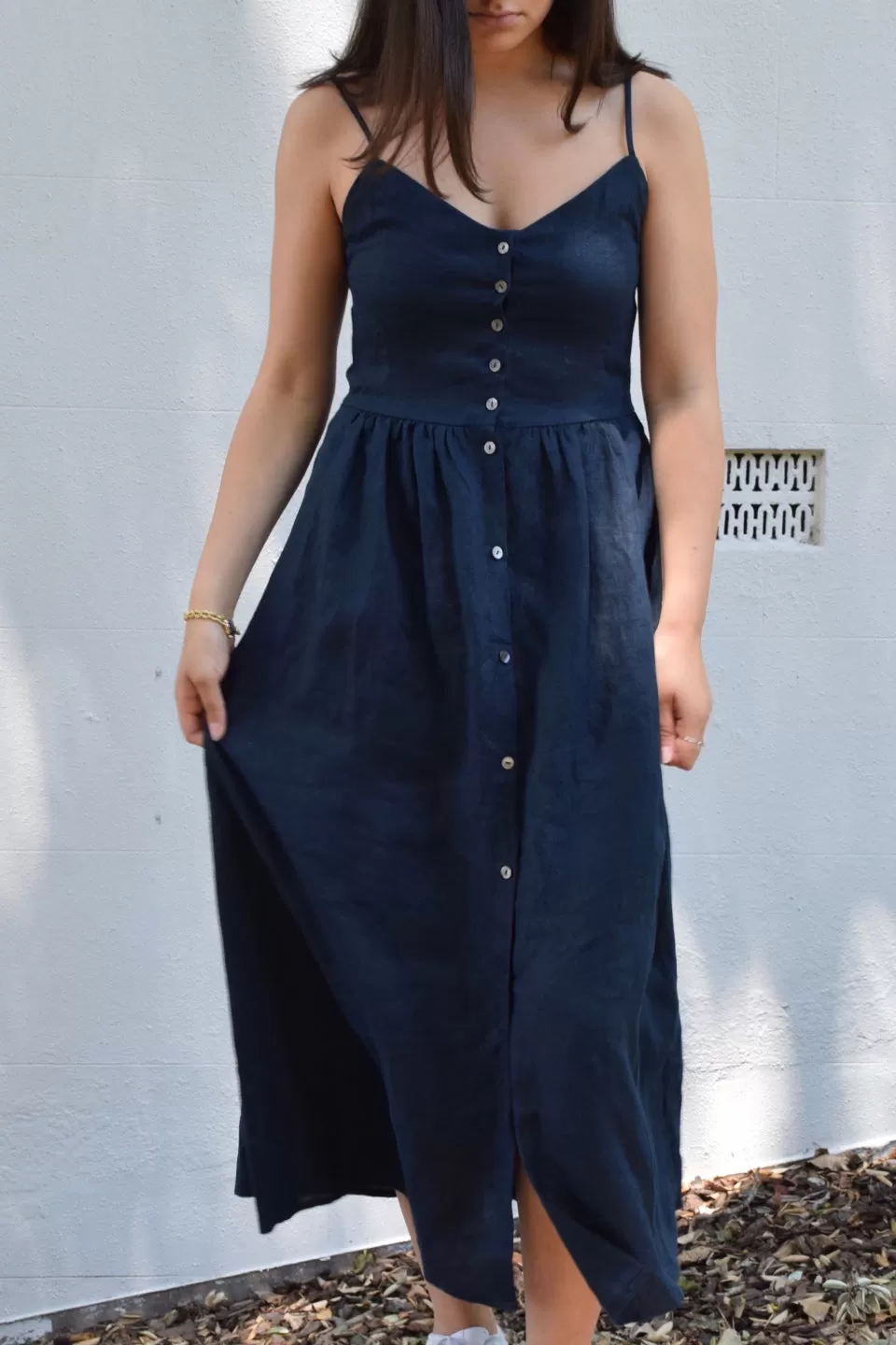 Visionary Navy Strappy Button Front Linen Midi Dress