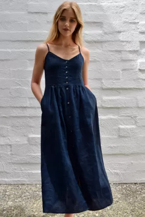 Visionary Navy Strappy Button Front Linen Midi Dress