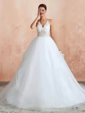 Wedding Dress 2021 Ball Gown Halter Sleeveless Floor Length Lace Tulle Bridal Gowns With Train