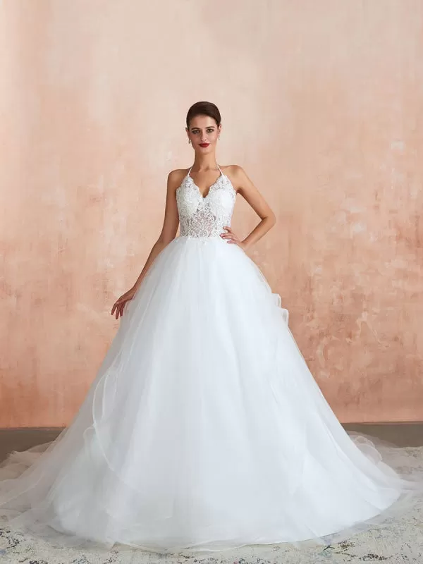 Wedding Dress 2021 Ball Gown Halter Sleeveless Floor Length Lace Tulle Bridal Gowns With Train