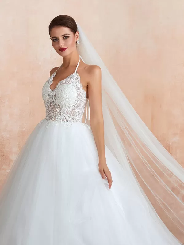 Wedding Dress 2021 Ball Gown Halter Sleeveless Floor Length Lace Tulle Bridal Gowns With Train