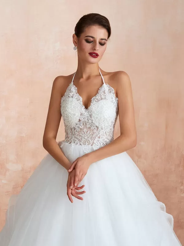 Wedding Dress 2021 Ball Gown Halter Sleeveless Floor Length Lace Tulle Bridal Gowns With Train