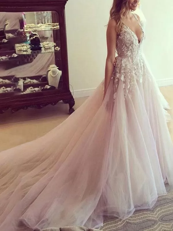 Wedding Dress 2021 Deep V Neck Sleeveless Lace Flora Floor Length Tulle Bridal Gowns