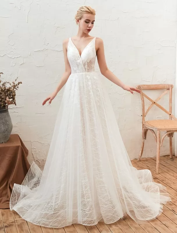 Wedding Dress 2021 V Neck A Line Floor Length Lace Appliqued Tulle Bridal Gowns